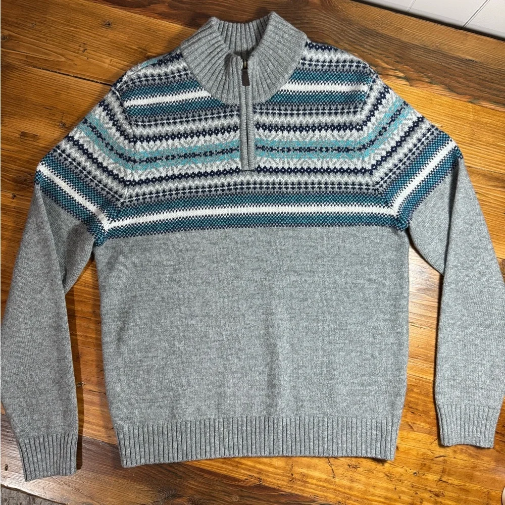 Lands End Men’s Fair Isle Quarter Zip Gray, blue, cotton wool blend Size M 38-40